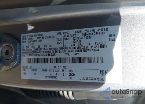 2022 Ford Escape Se из США, поврежденный, VIN 1FMCU9G69NUB48529